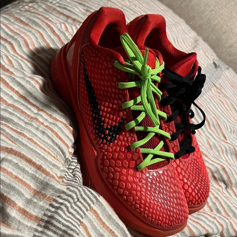 Nike Kids Red Sneakers with Black Swoosh and Neon Green Laces